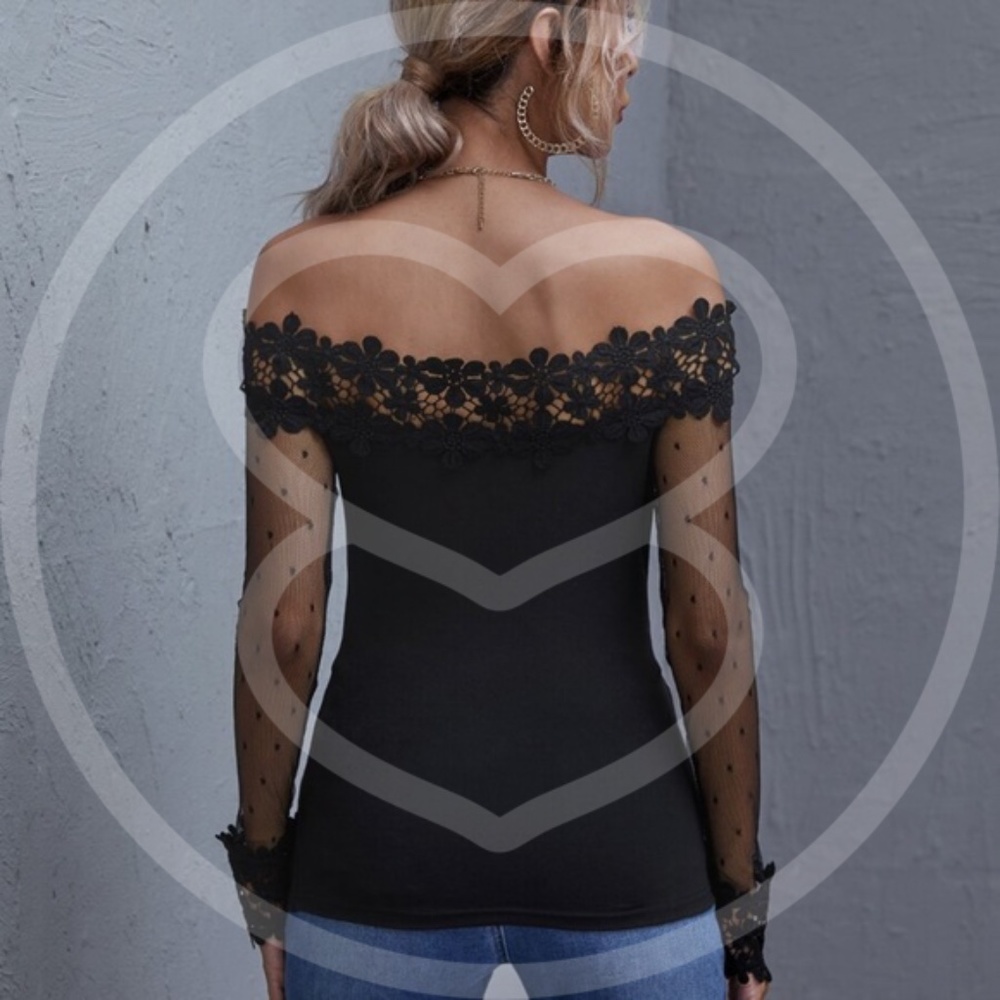 - black floral detail off shoulder long sleeve top - Picture 2 of 5